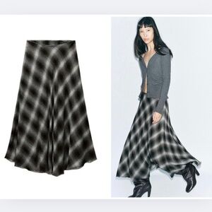 ZARA checkered midi skirt ZW collection Grey Brown Black Plaid - XL